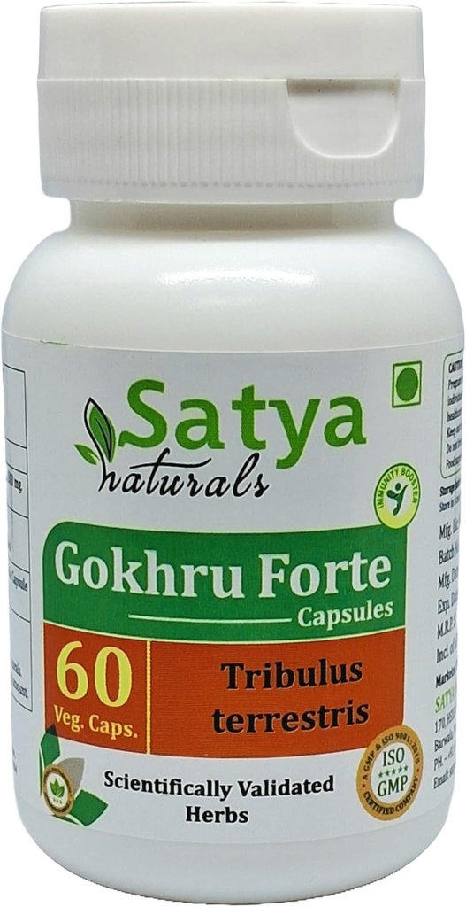 Gokhru Forte Capsules 500 mg. 60 Veg. Capsule | Gokharu (Tribulus Terrestris) Extract Capsules för män och kvinnor | Ayurvedic Herbal Supplement / läkemedel | 10:1 Forte (1 flaska 60 kapslar)