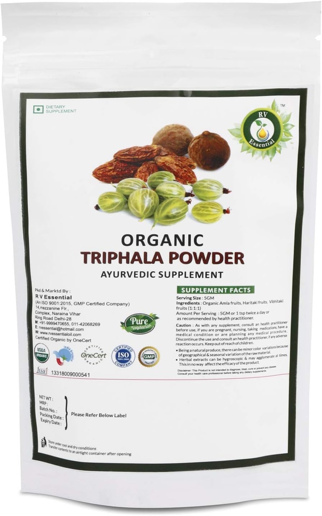 R V Essential Organic Triphala Powder 200gm/7.05oz/0.44lb- Tillverkad av Haritaki, Vibhitaki och Amla 1:1:1 Triphala Churna Powder USDA Organic Certified Ayurvedic Herbal Supplement i Zip Lock Pouch