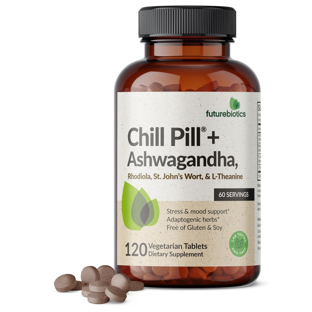 Futurebiotics Chill Pill + Ashwagandha, Rhodiola, St John's Wort, & L-Theanine - Icke-GMO, 120 vegetariska tabletter