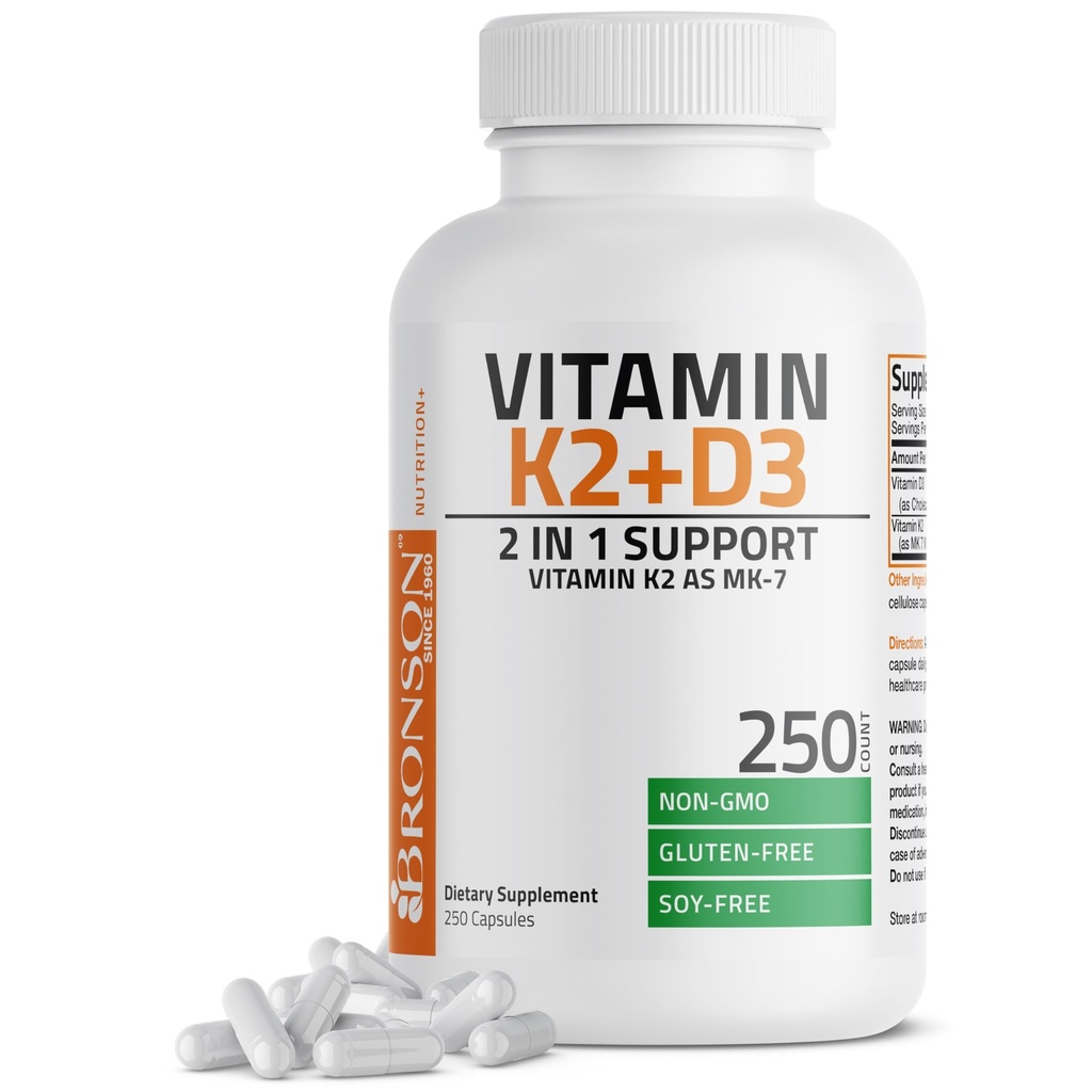 Bronson Vitamin K2 (MK7) med D3 Supplement Non-GMO Formel 5000 IE Vitamin D3 & 90 mcg K2 MK-7 Lätt att Svälja D & K Complex, 250 kapslar