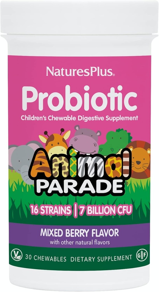 NaturesPlus Animal Parade Probiotic, Mixed Berry - 30 Chewables - Children's Digestion Supplement - Stöder Gut Health & Immune Function - Vegan, Gluten Free - 30 portioner