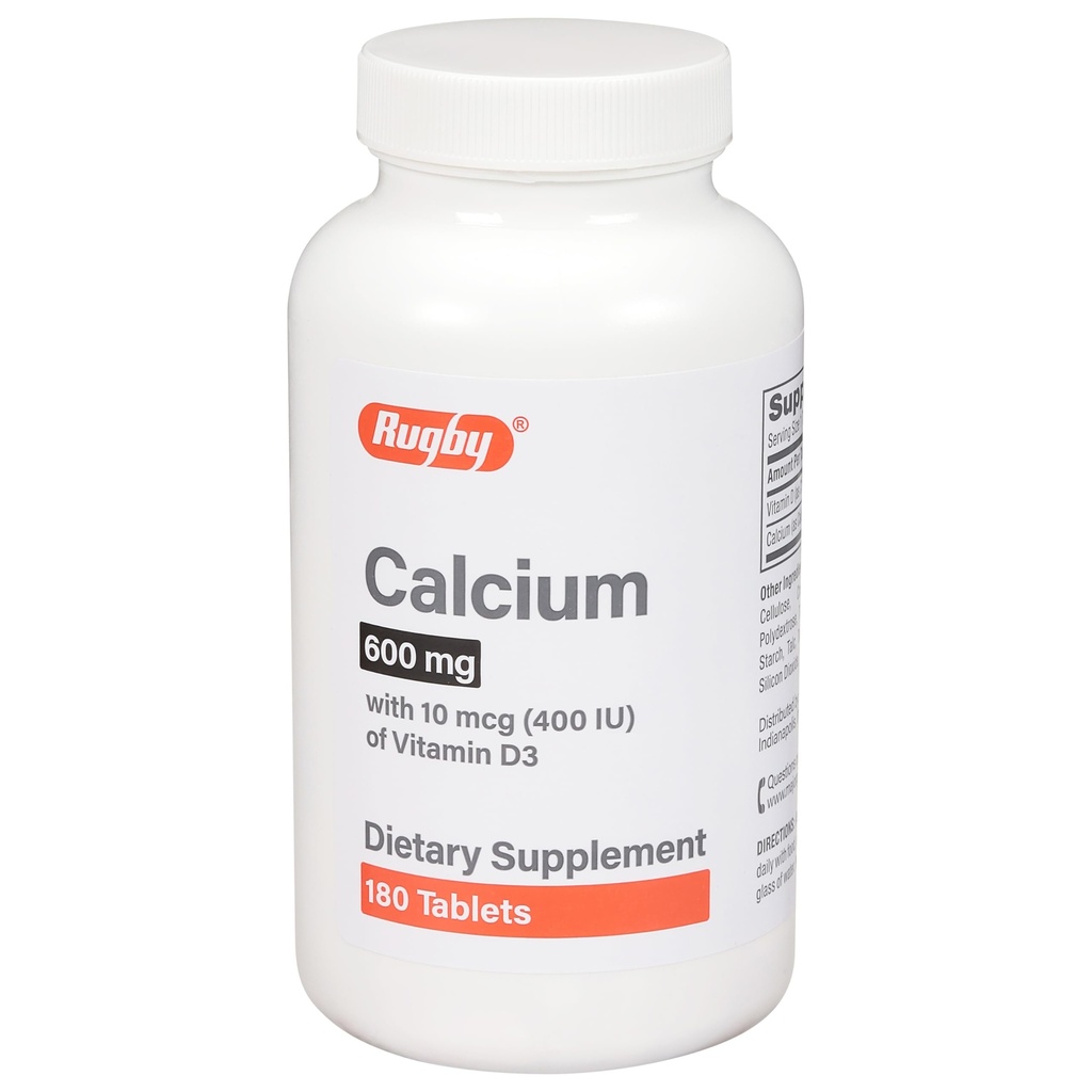 Rugby 600mg Calcium tabletter - Tillverkad med 10mcg (400IU) av vitamin D3 - Kosttillskott - 180 greve (1 Pack)