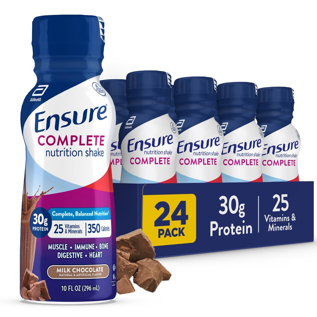 Säkerställ COMPLETE Milk Chocolate Nutrition Shake, Complete, Balanced Meal Replacement, Redo att dricka, 30g Protein, 25 Vitaminer & Mineraler, 10 fl oz-24 Pack