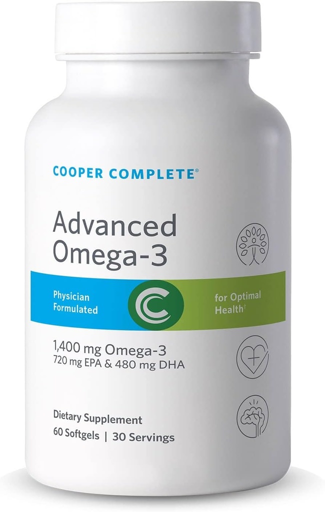 Cooper Complete - Avancerad Omega 3 - fiskoljetillskott, koncentrerad EPA + DHA Omega-3 fettsyror 1400 mg - 60 Softgels per flaska. Förpackning med 2