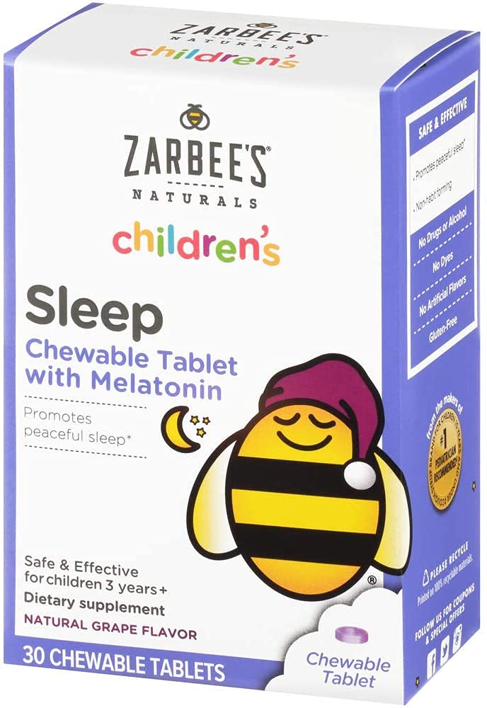 Zarbee's Kids 1mg Melatonin Chewable Tablet, Drug-Free & Effective Sleep Supplement, Lätt att ta naturliga druvsmak tabletter för barn 3 och upp, 30 greve