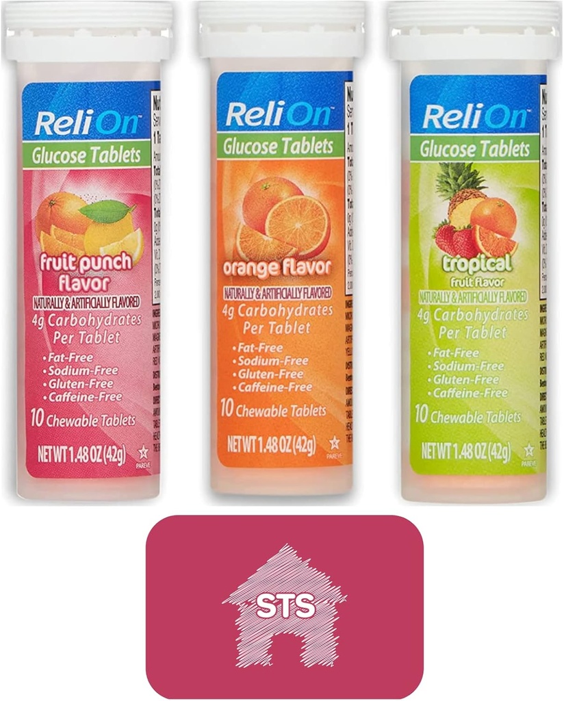 Relion Glucose tabletter (Mix Flavors) Orange, Tropical och Fruit Punch - Totalt 30 tabletter + STS Sticker.