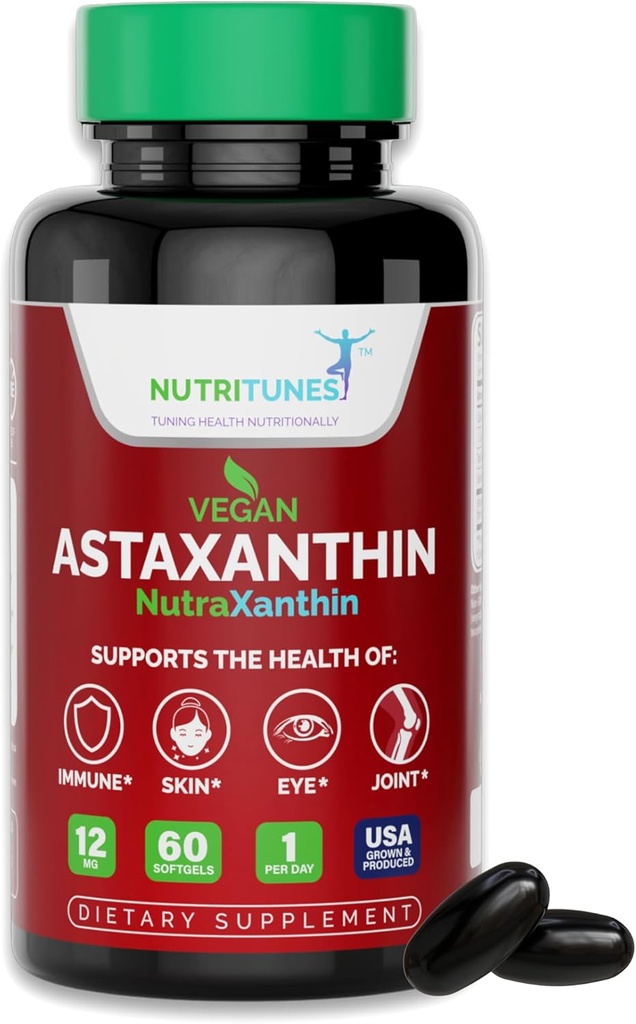 Astaxanthin 12mg Vegan Softgels - High Potency Antioxidant for Skin, Eye & Immune Support - Non-GMO, Free of Gluten, Soy, Lactose & BSE, 60 Vegan Softgels, 2-månaders leverans