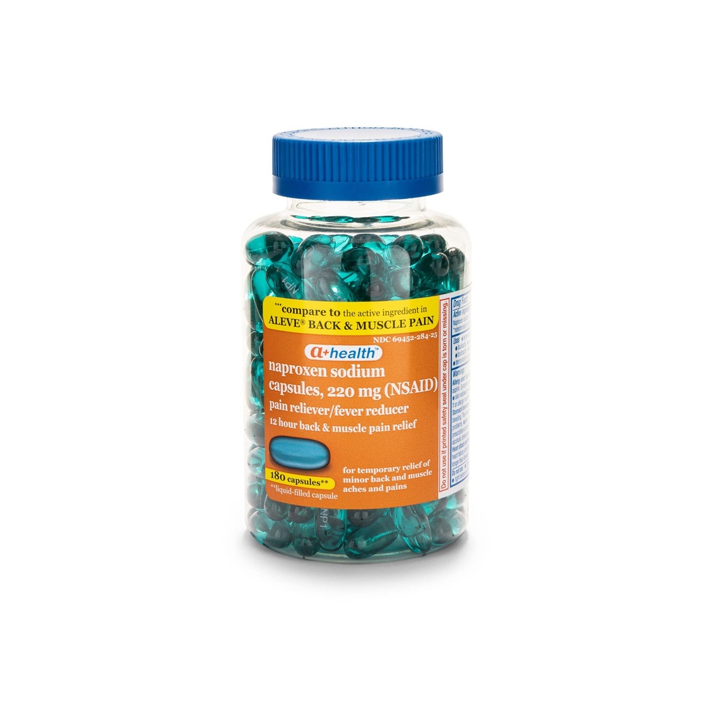 A + Health Naproxen Sodium 220 Mg Liquid Gels Back och Muscle Pain, Pain Reliever / Feber Reducer (NSAID), 180 greve