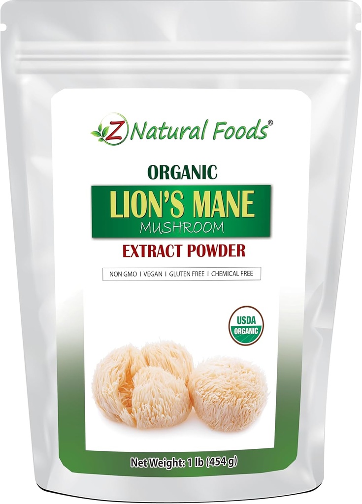 Z Natural Foods Organic Lion’s Mane Mushroom Extract Powder, Vitamin-Rich Superfood Powder, Perfect for Tea and Smoothies, Non-GMO, Vegan, Gluten-Free, Kosher, 1 lb.