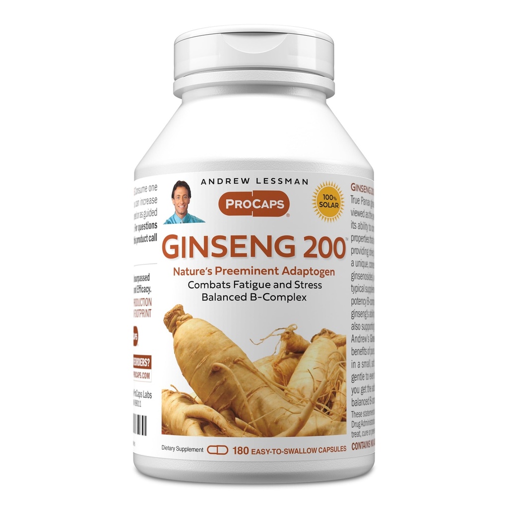 ANDREW LESSMAN Ginseng 200mg - 180 kapslar - Standardiserat extrakt för att stödja välbefinnande. Adaptogen, bekämpar trötthet och stress. Små, lätt att svälja kapslar. Inga tillsatser