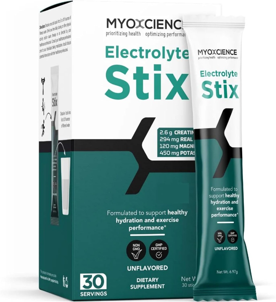 MYOXCIENCE Electrolyte STIX | Kreatin Electrolyte Powder | Återhämtning från träning och muskelutveckling w / Real Salt (Unflavored) (Stix 30 ct)