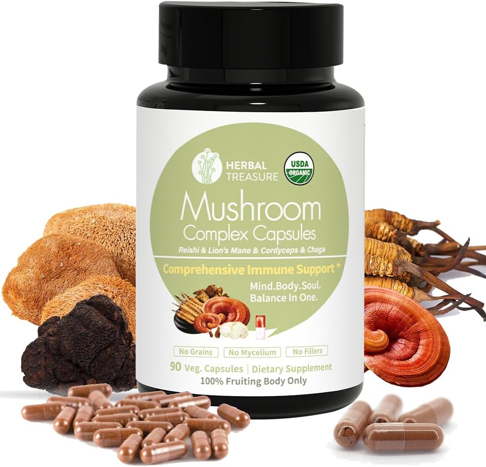 Herbal Treasure 4 i 1 Mushroom Complex Supplement, Adaptogener med Lion's Mane, Reishi, Chaga och Cordyceps Mushroom Blend, Organic Mushroom Supplement Extract 90 Caps