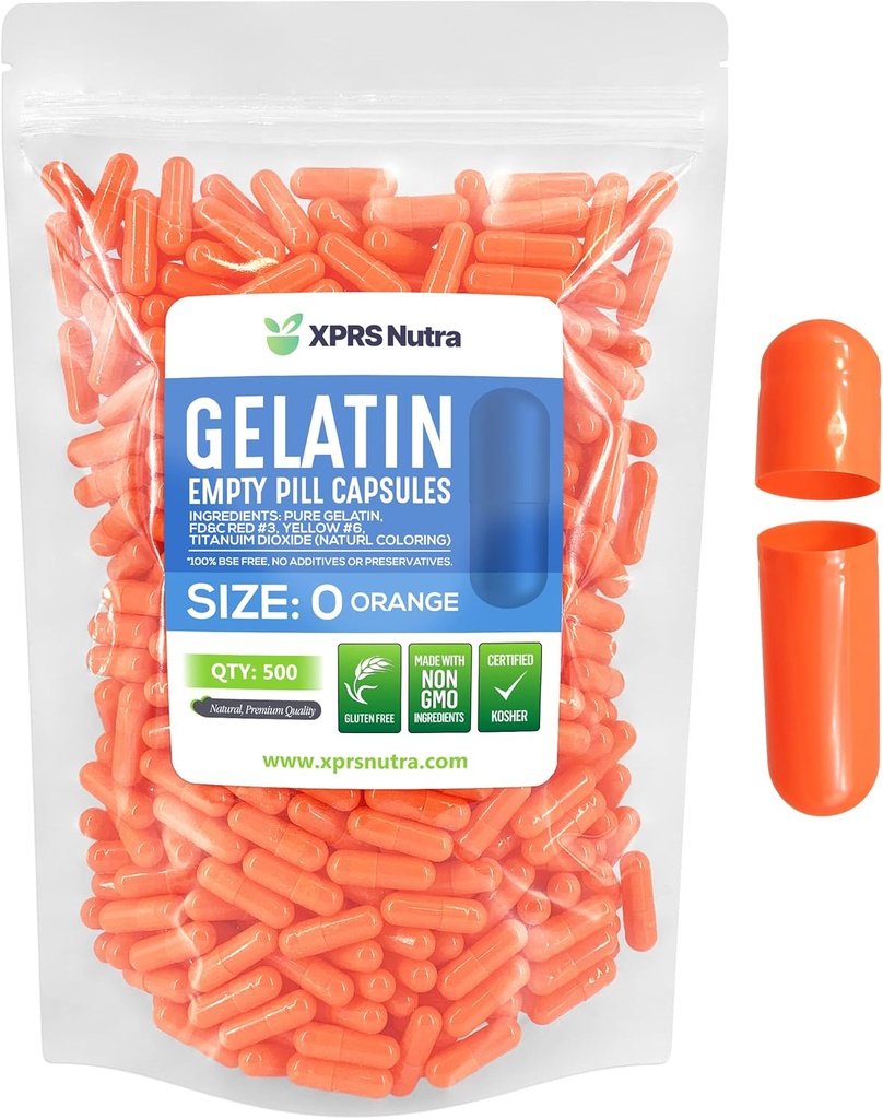 XPRS Nutra Size 0 Empty Capsules - 500 greve Empty Gelatin Capsules - Pills DIY Capsule Filling - Pure Bovine Pill Gel Caps for Do-It-Yourself Supplements (Orange)