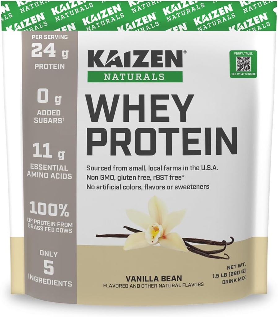 Whey Protein | Vanilla | 24g Protein | Grass fed | Inga artificiella ingredienser | 5 Ingredienser | Tillfredsställ Hunger | Se testresultat | No Added Sugar | Gluten Free | Non GMO | 1.5lb | 21 portioner
