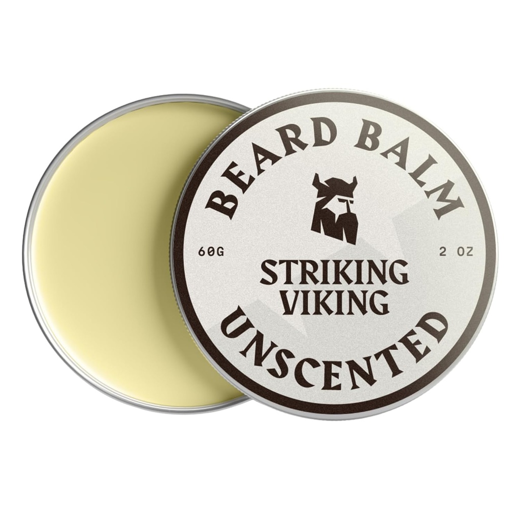 Strejkande Viking Beard Balm för män - Lämna i skägg Conditioner - Styling Balm Made med naturligt härledda skägg smör, Argan & Jojoba oljor (2 Ounce (Pack of 1), Unscented)