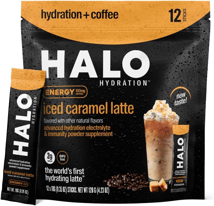 HALO Iced Caramel Latte - Energidryckspulver - Hälsosam kaffemix för hydrering med elektrolyter, koffein, vitaminer och mineraler - 20 kalorier - Keto och lågt kalori - 1 x 12 Sticks