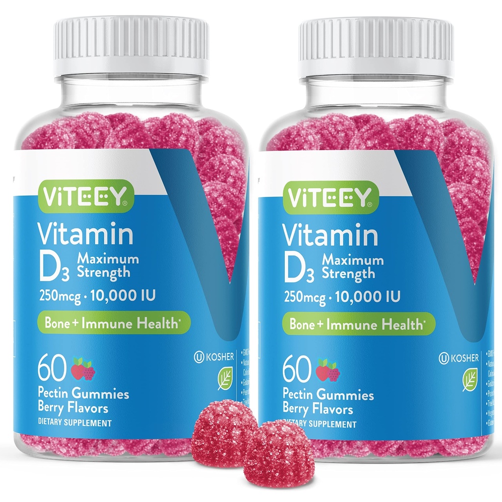 VITEEY Vitamin D3 Gummies for Adults & Teens - 10 000 IE, 250mcg, Maximum Strength - Joint & Muscle Health, Immune Boost - Chewable Vitamin D Gummies - Vegetarian, Gelatin Free - Tasty Berry smaksatt