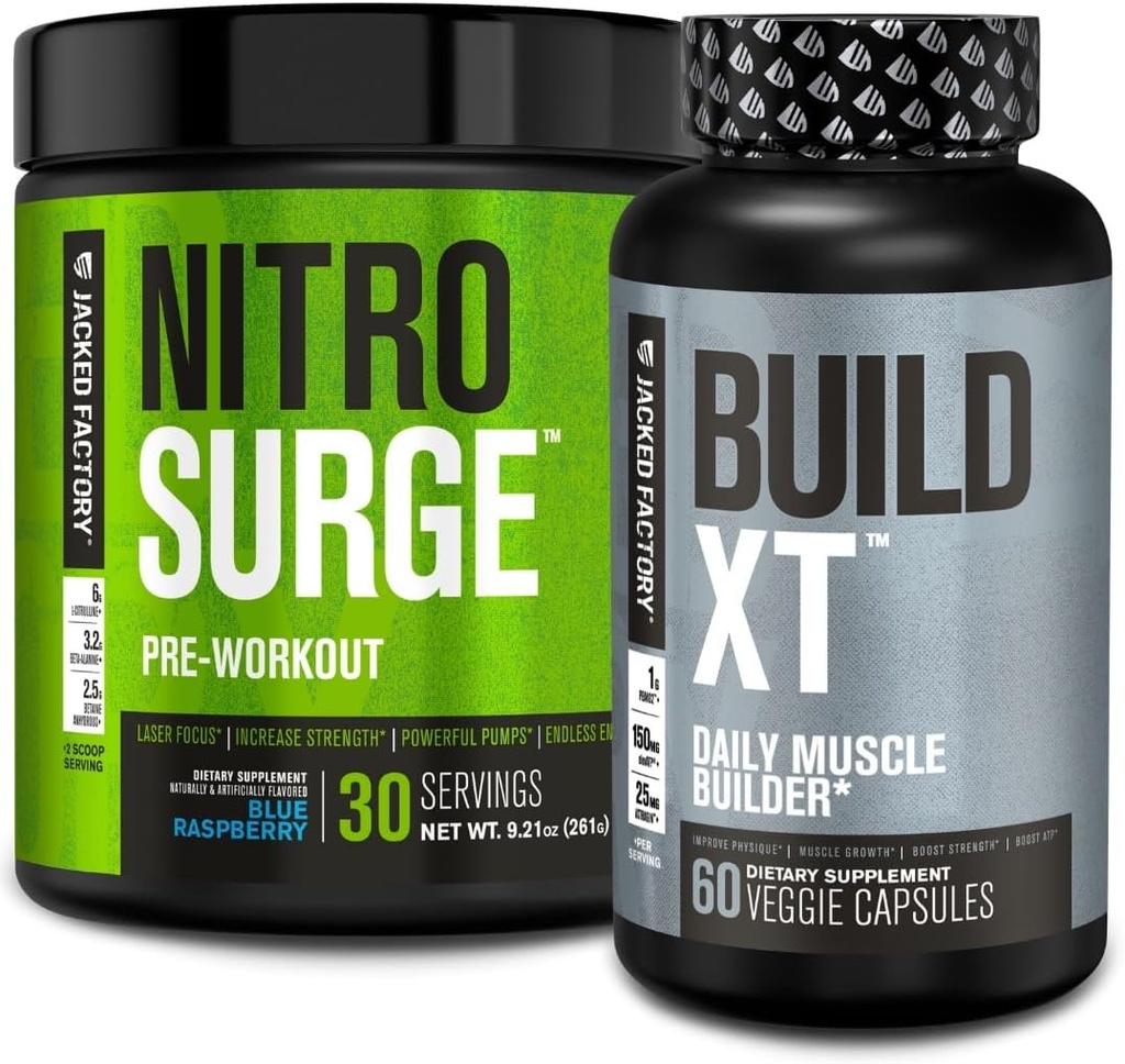 Jacked Factory Nitrosurge Pre-Workout i Blue Raspberry & Build XT Muscle Building Bundle för män och kvinnor