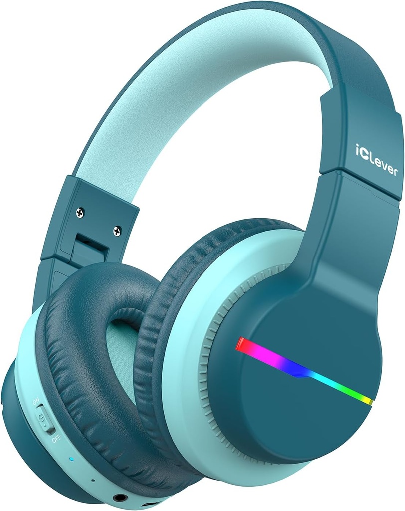 iClever BTH12 Barn Bluetooth hörlurar, Färgglada LED-lampor Trådlösa barn hörlurar,74/85dBA Säker volym,85H Playtime,Bluetooth 5.2, Över öronhörlurar byggda Mic för iPad / Tablet / Airplane, Gröna