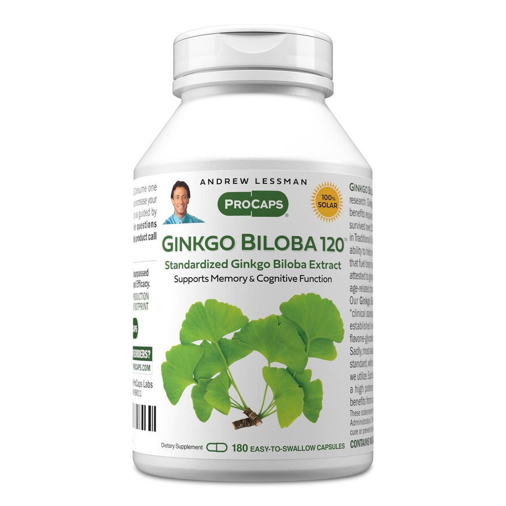 ANDREW LESSMAN Ginkgo Biloba 120mg - 180 kapslar - Standardiserat extrakt för att upprätthålla flödet av syre och näringsämnen för att bränsle hjärnan. Stöder hjärna, minne och kognitiv funktion. Inga tillsatser