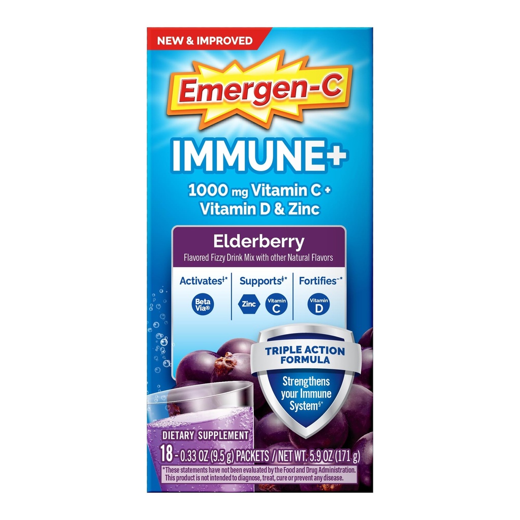 Emergen-C Immune+ Triple Action Immune Support Powder, BetaVia (R), 1000mg Vitamin C, B Vitaminer, D-vitamin och antioxidanter, Elderberry, Tillbaka till skolan Essentials - 18 Count