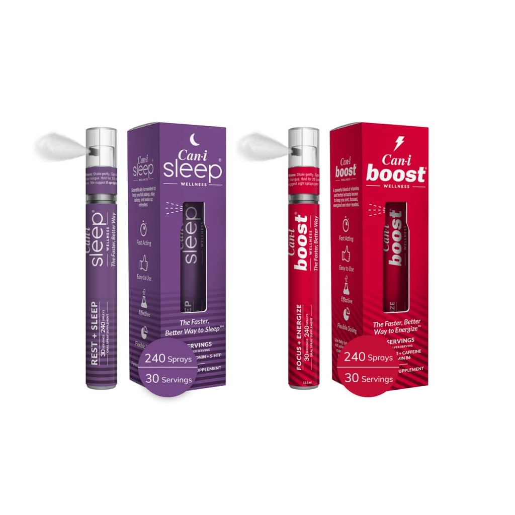 Can-i Wellness Fast-Acting Oral Spray Bundle - Natural Sleep Supplement med Melatonin och GABA, Daily Energy Support med B12, Ubiquinol och koffein - Vegan Formel, Portable, Travel-Friendly Spray