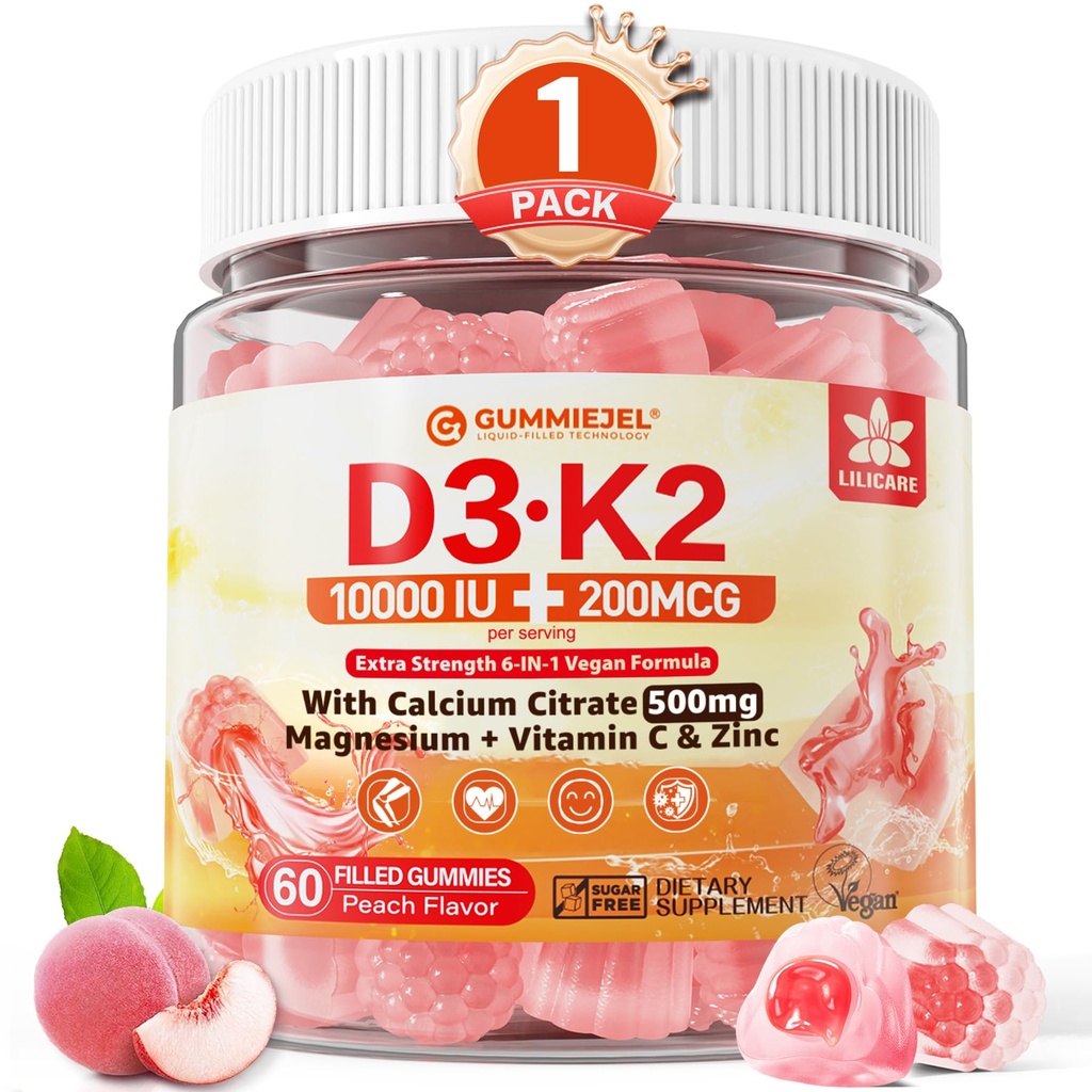 Vitamin D3 K2 Gummies 5000IU / 10 000 IE med 500mg Calcium + K2 (MK-7) 200mcg, Magnesium, Vitamin C & Zink, Extra Styrka - Ultimate Absorbency för ben, muskler, tänder, Vegan, 60 Count (Pack av 1)