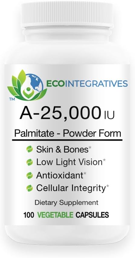 A-25 000 IU Palmitate Powder Form (100 Capsules) Non-GMO, stöder lågt ljus Vision, Immune Support, Cellular Integrity of Skin & Bones, Antioxidant (Standard)