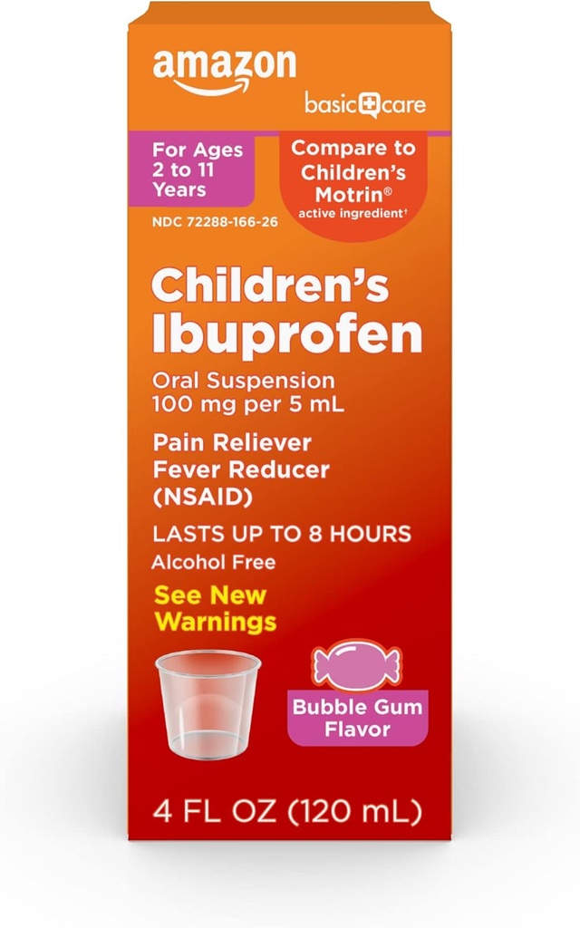 Grundläggande vård Barn Ibuprofen Oral Suspension, 100mg, Bubblegum, 4 fl oz (Pack av 1)