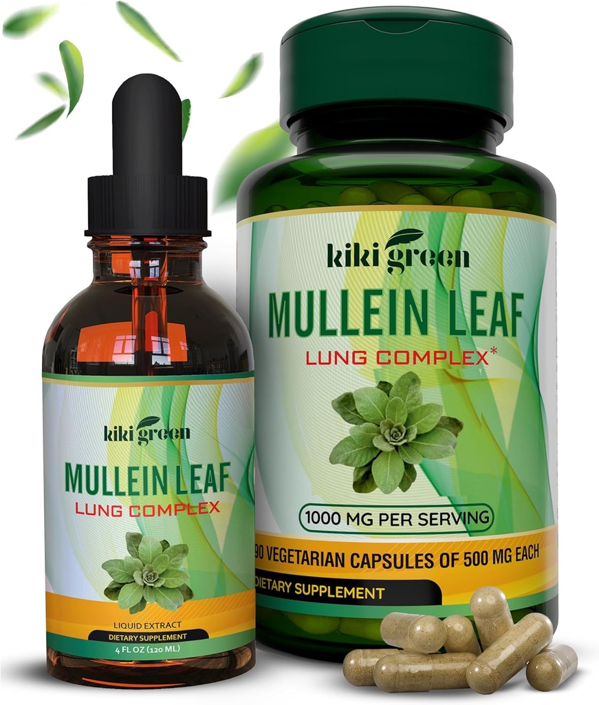 KIKI Green Mullein Capsules & Liquid Drops Bundle - Mullein Leaf Extract Supplements, 90 Capsules + 2 fl oz - för Respiratory & Immunity Support, Better Lung Function, Lung Cleanse & Relief