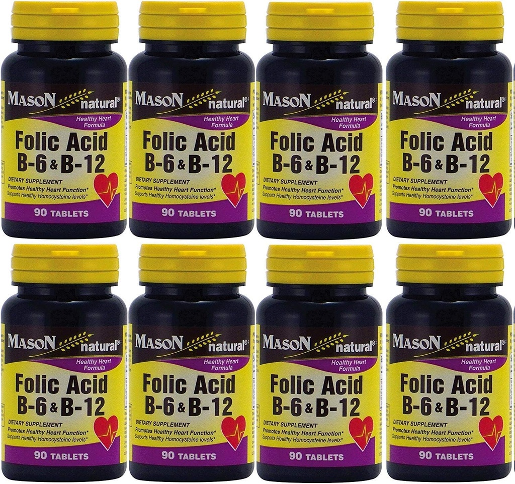 Mason Vitamins Folic Acid B-6 & B12 Heart Health Formel 90 tabletter per flaska Pack med 8 Total 720 tabletter
