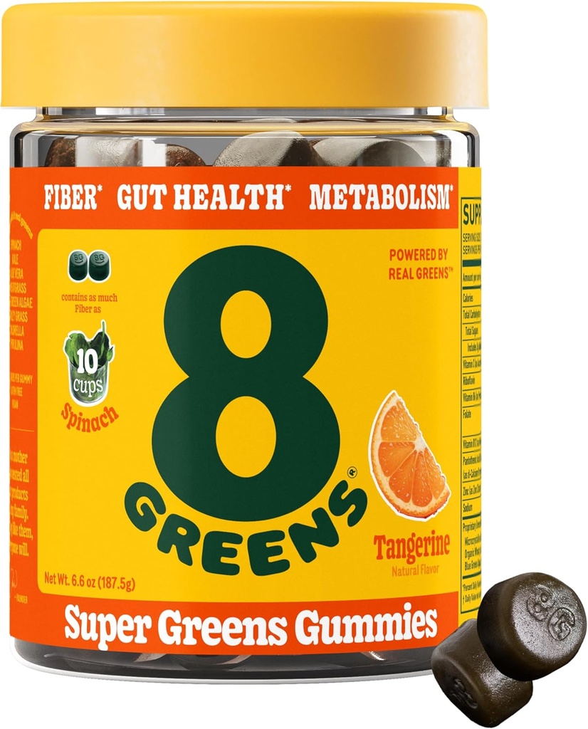 8Greens Fiber Super Greens Gummies | Fiber, Gut Health, Metabolism. Digestive Health, Boost Immune System & Digestive Health with 8 Real Greens - Non-GMO Formula, Gummy, Tangerine Flavor, 50 Count