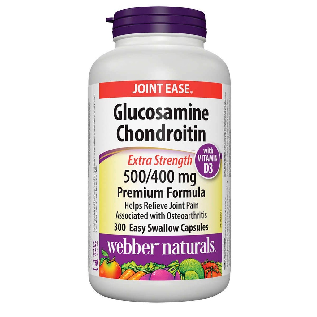 Webber Naturals Glukosamin Chondroitin med vitamin D3, extra styrka, 500/400 mg, Premium Formel, 300 Enkel svälja kapslar