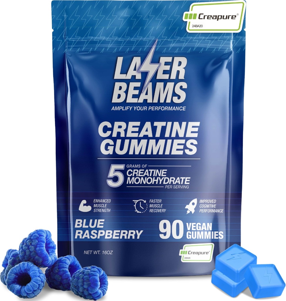 Kreatinmonohydrat Gummies för kvinnor och män- 5g Creapure Creatine per portion - Vegan, blå hallon smak - öka muskelstyrka, uthållighet, återhämtning och mental fokus (90 Gummies)