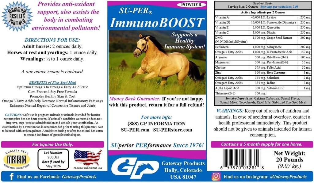 SU-PER ImmunoBOOST Horse Anti-Oxidant Supplement - Stöder Immune System & Nutritional Deficiencies - Vitamin E & C, Grape Seed Extract, Herbal Extracts - 20 Pound, 5 Månadsförsörjning