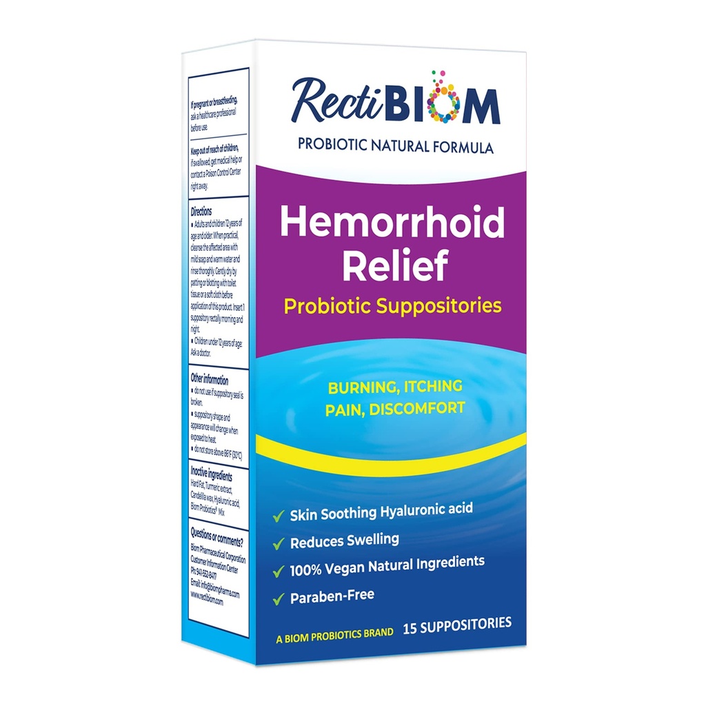RectiBiom Probiotic Hemorrhoid Relief Suppositories med hud lugnande naturliga ingredienser, snabb lättnad. Hyaluronsyra och gurkmeja extrakt, Vegan, Glutenfri formulering
