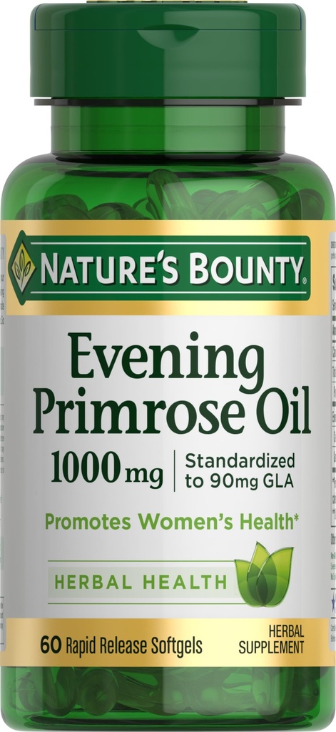 Naturens Bounty Primrose Oil 1000mg, främjar kvinnors hälsa, Herbal Supplement, Gluten Free, 60 Rapid release Softgels