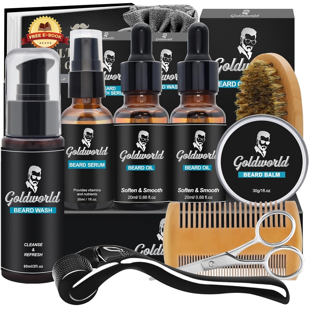 Beard Kit, Beard Grooming Kit w/Beard Wash/Shampoo,2 Packs Beard Oil,Beard Balm,Beard Wash,Brush,Comb,Scissor,Storage Bag,E-Book,Beard Care & Trimming Kit
