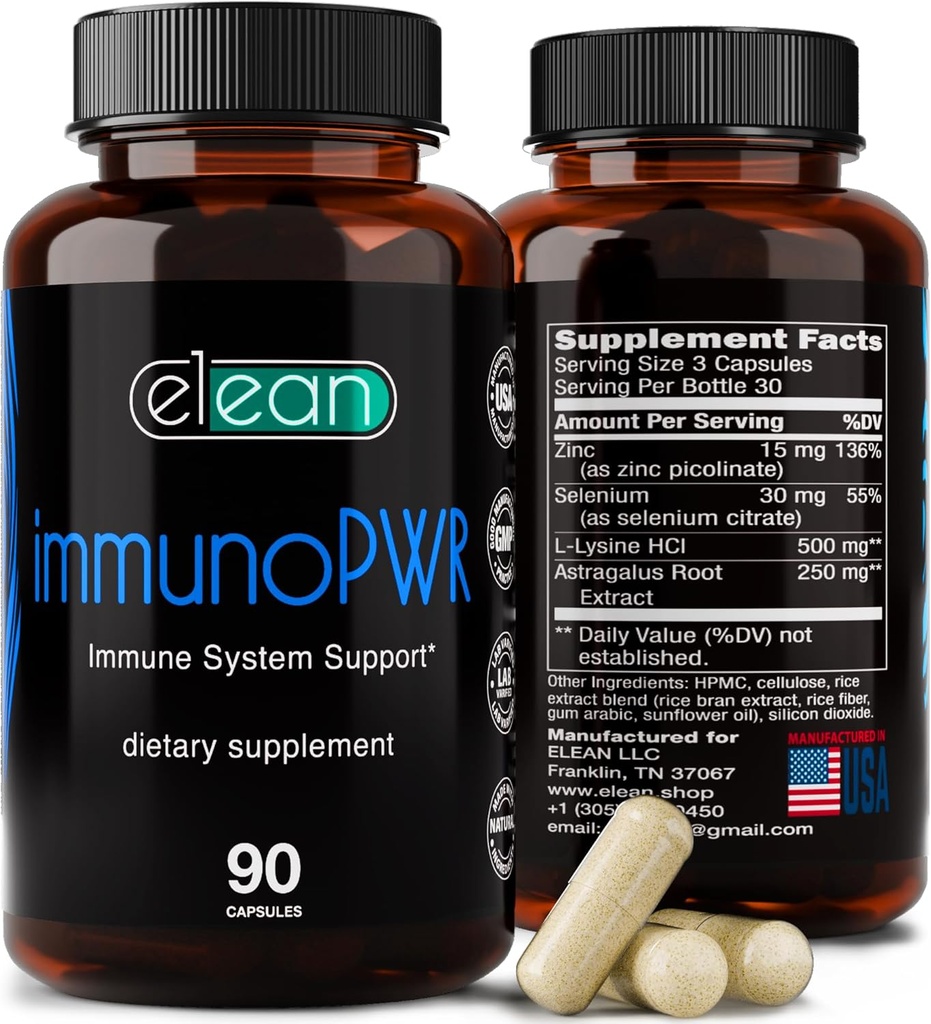 ELEAN Immuno PWR- berikad med Zink, Selen, Amino Acid Lysine och Astragalus Root Extract för Collagen Synthesis, Thyroid Health, Mineral Support, Energy och Immune Health 90 Veg Capsules.