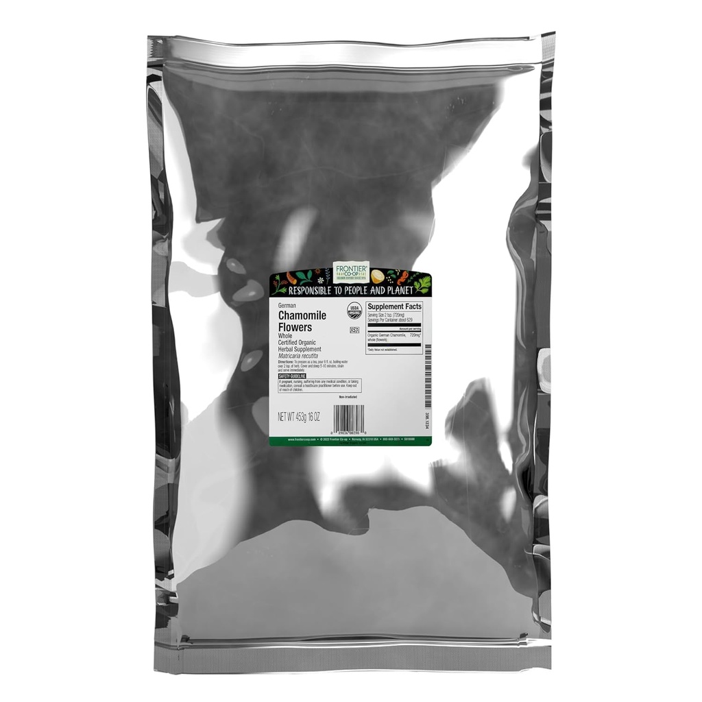 Frontier Co-op Organic Whole Chamomile Flowers, Kosher, Bulk Herb - Torkade kamomillblommor för te, naturliga hudvårdsrecept och mer | 16 Ounce (Pack av 1)