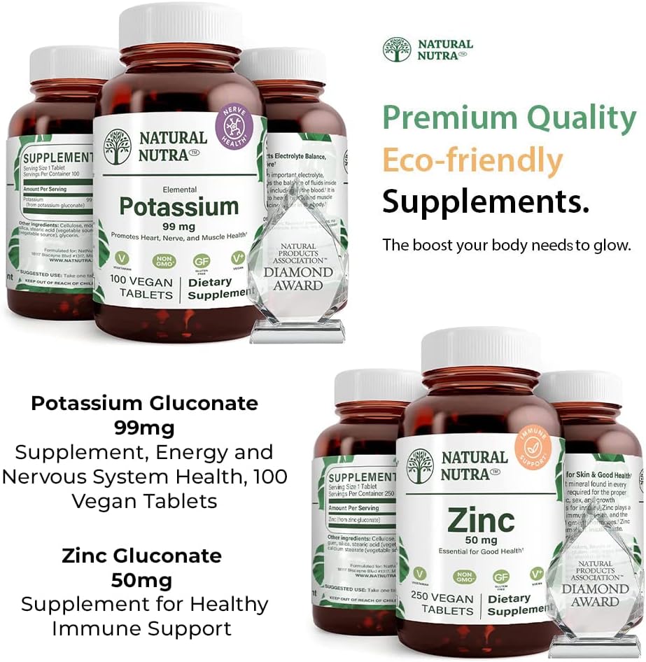 Naturligt Nutra Kalium Glukonat 99 mg och Zink Glukonat 50 mg Kosttillskott hjälper till att upprätthålla immunitet och energinivå, Glutenfri, Väsentlig för god hälsa.