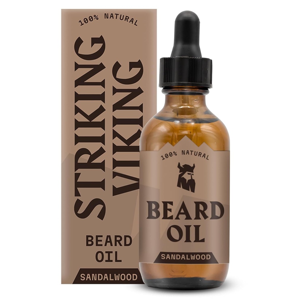Slående Viking Sandalwood Beard Oil för Män - 2 Fl Oz, Sandalwood Scent - Natural Hydrating & Softening Beard Care med Argan, Jojoba, Almond & Tea Tree - Icke-Greasy, Fast-Absorbing Formel