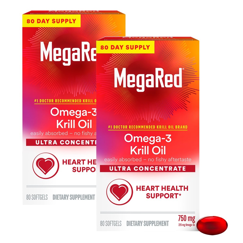 MegaRed Ultra Concentrate 750mg Omega-3 Krill Oil Fatty Acid Supplement med EPA / DHA, Antioxidant Astaxanthin, No Fish Oil Aftertaste Supports Heart Health, 80 Count Softgels (2 Pack)