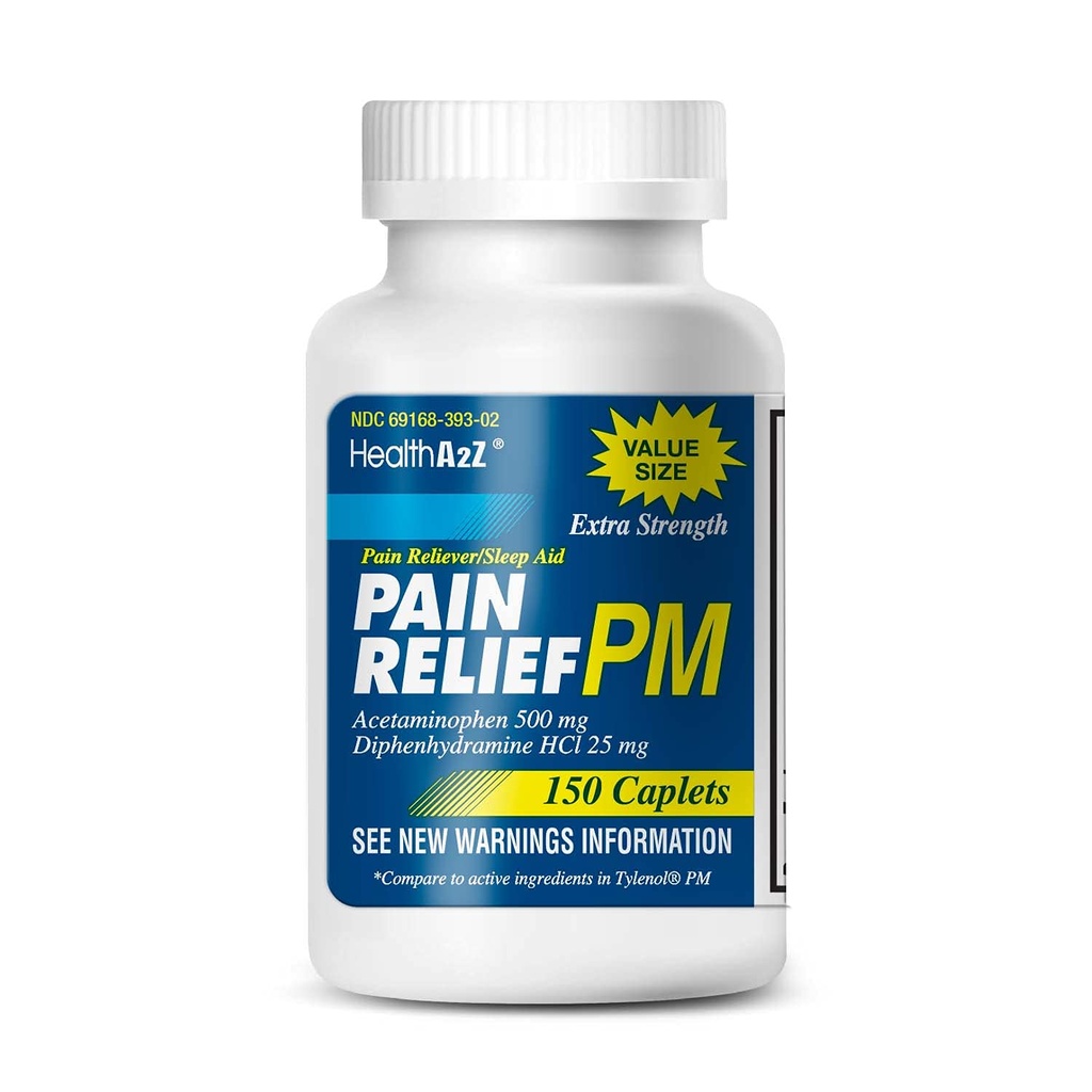 HealthA2Z® Extra Strength Pain Relief PM | Acetaminophen 500mg | Diphenhydramine HCl 25mg | Pain Reliever & Nighttime Sleep Aid | 150 Caplets