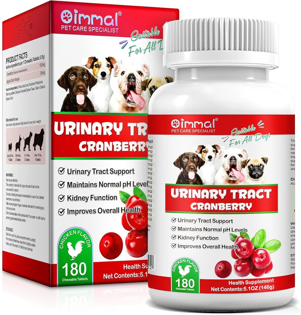 Cranberry for Dogs - 180 Cranberry Supplement Tablest for Dogs Supports Bladder Infection, Dog Incontinence Support, Bladder Stone and Dog UTI, Pet Supplement Treats Tablets for All Breeds Dogs & Ages