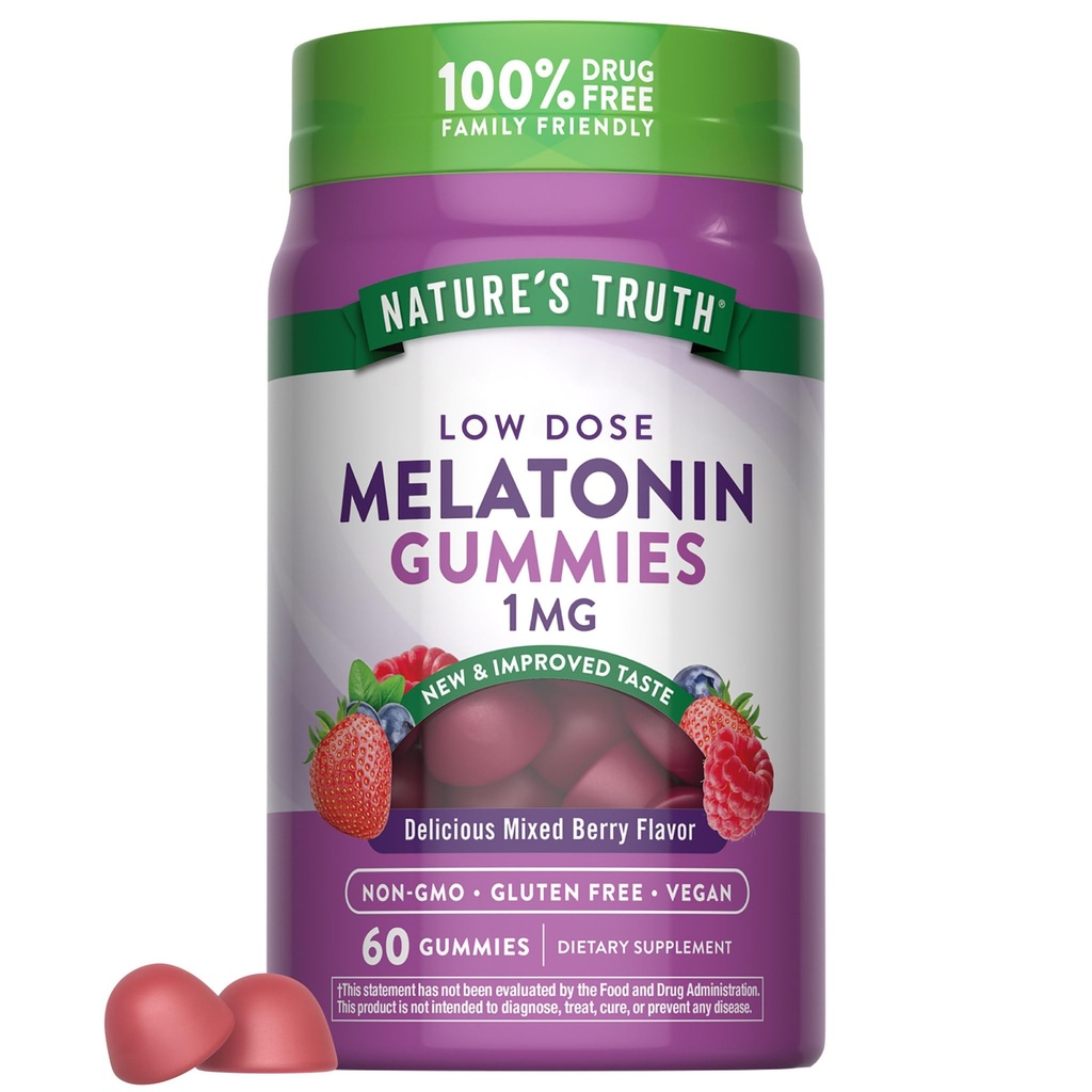 Naturens Sanning Melatonin Gummies | 1mg | 60 greve | Cherry Pomegranat smak | Vegan, icke-GMO & Gluten fri tillägg