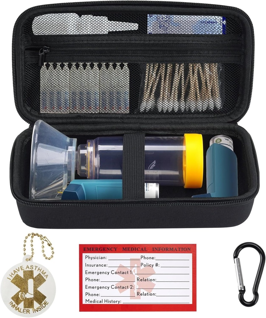YouKnow Travel Carrying Case for Asthma Inhaler, Inhaler Spacer for Adults and Children, Mask, Inhaler Holder med Asthma Warning Label and Medical Card, med Carabiner (Case Only) (Black)