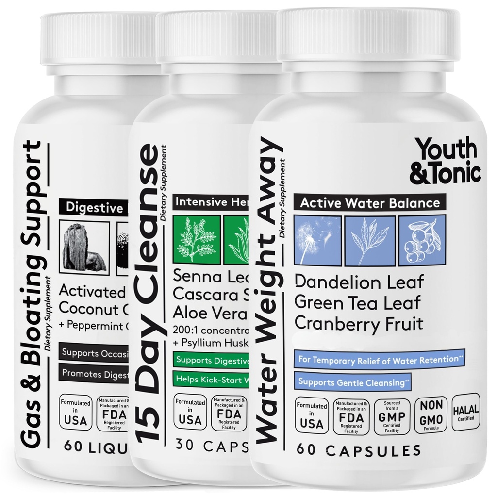Youth & Tonic 3X Belly Bloating Pills for Puffiness, Water Debloat, Stomach, Gut & Colon Cleanse Detox | med Liquid Activated Charcoal, Coconut & Peppermint Oil, Senna Leaf & More | 150 kapslar