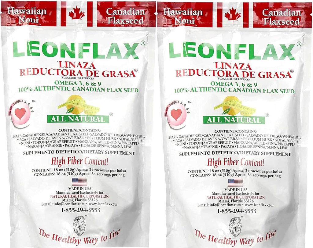 Leonflax 100% autentisk kanadensisk linfröpulver, allt naturligt, högt fiberinnehåll, kosttillskott för att förbättra din matsmältningshälsa, Omega 3, 6 & 9, 18 Oz, väska (1) (2) (2)