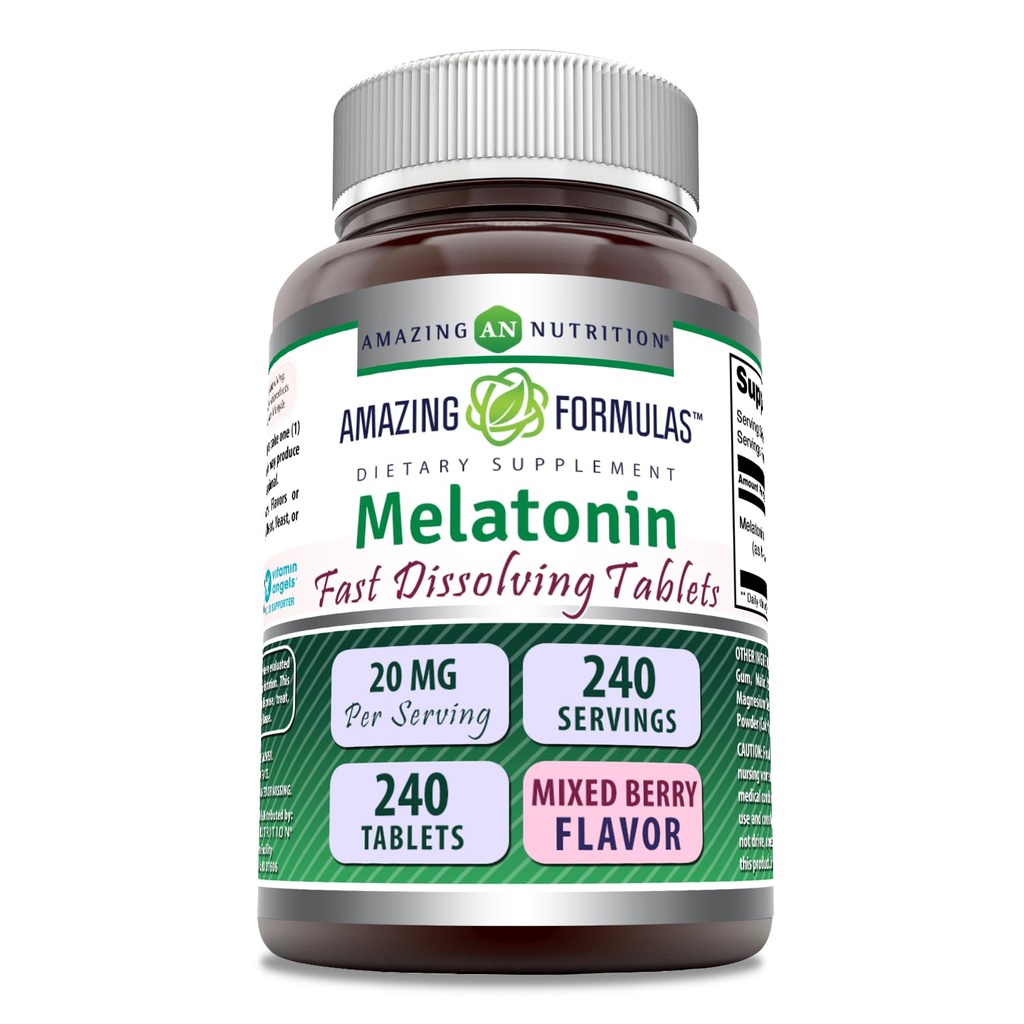 Fantastiska formler Melatonin Snabbupplösning Supplement | Mixed Berry Flavor | 20 Mg Per Servering | 240 tabletter | Icke-GMO | Glutenfri | Made in USA
